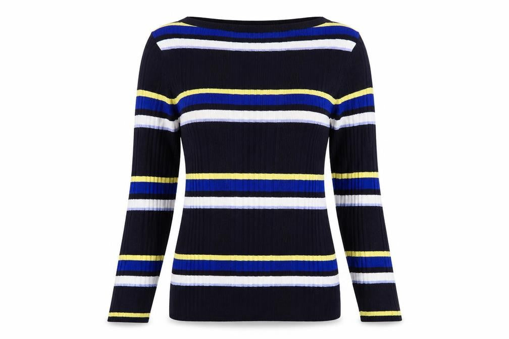 Front view of Marks & Spencer women’s black striped jumper, size UK 12