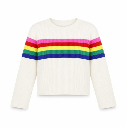Front view of Malibu girls’ ivory striped jumper, size M