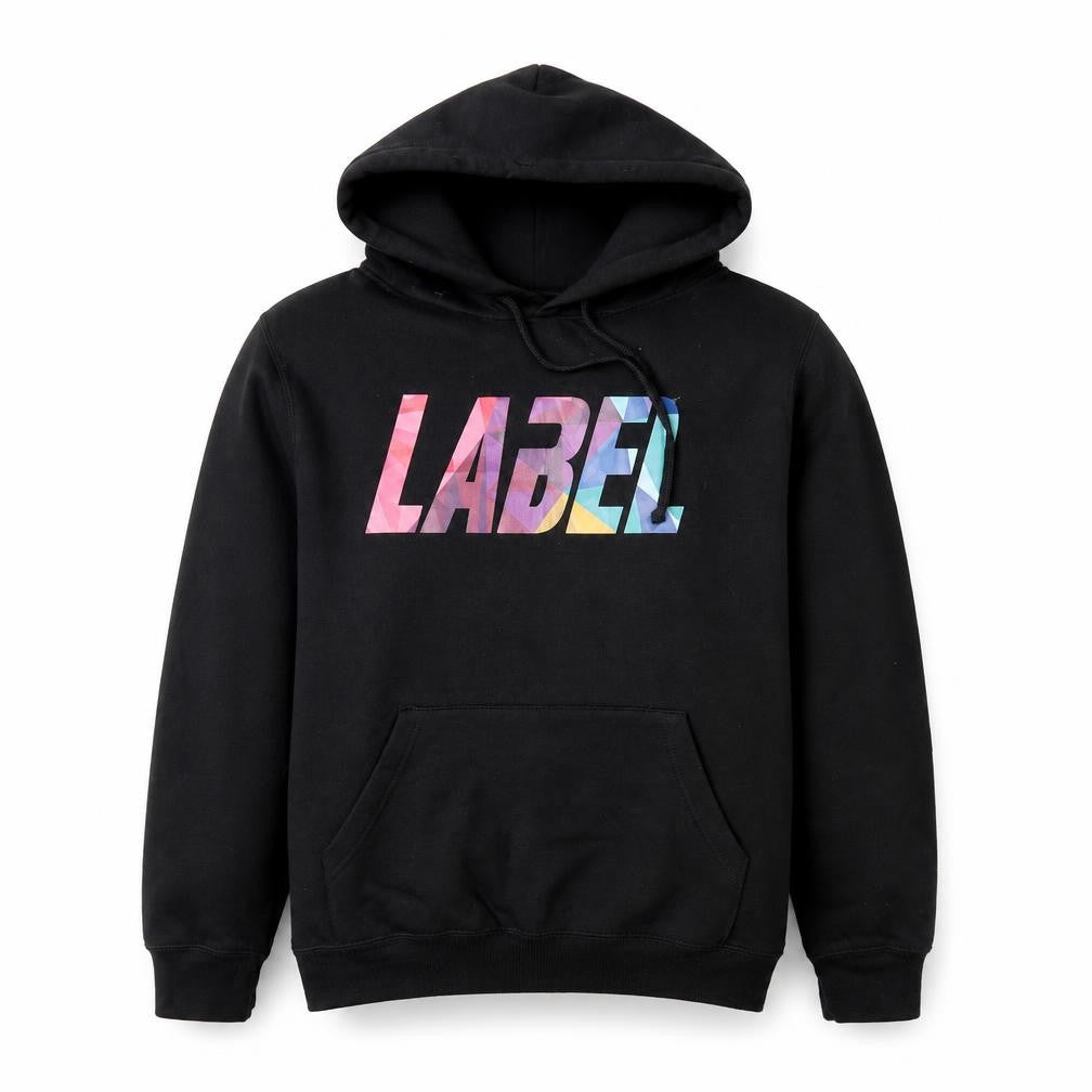 Front view of Label men’s black pullover hoodie, size XS