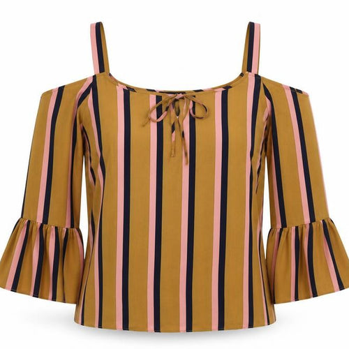 Matalan Womens Beige Striped  Basic Blouse Size 12  - cold shoulder