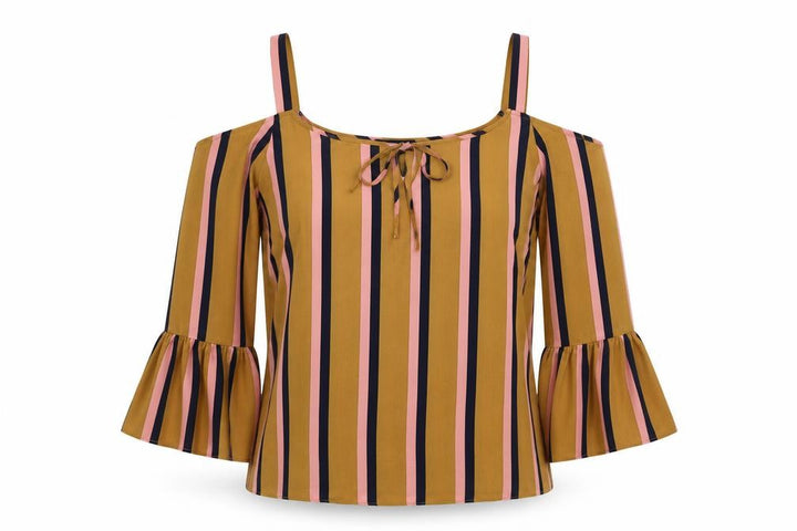 Matalan Womens Beige Striped Basic Blouse Size 12 - cold shoulder