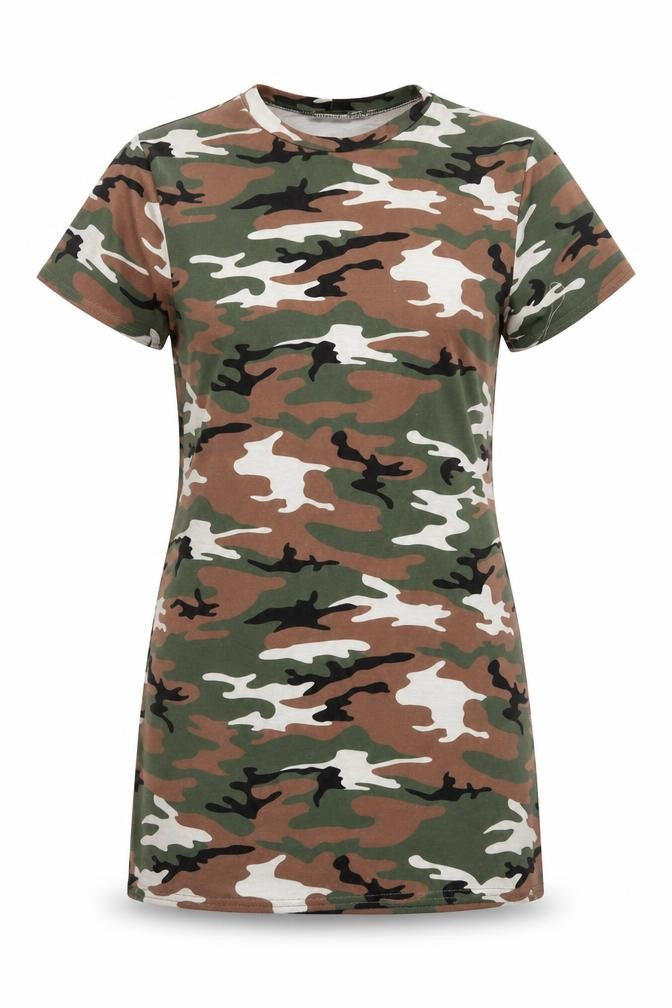 Front view of PRETTYLITTLETHING women’s green camouflage mini, size UK 6