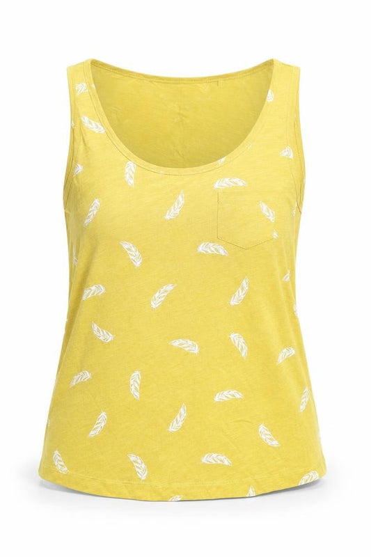 Front view of Principles women’s yellow basic tank, size UK 12, - feather print