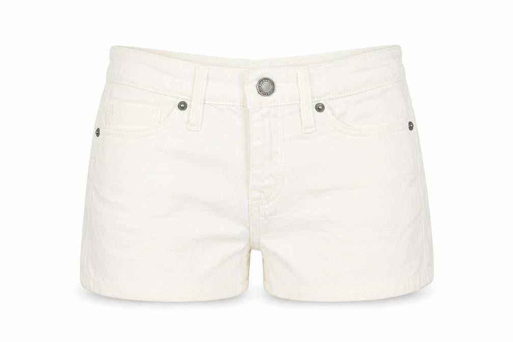 Front view of H&M women’s white denim hot pants shorts, size UK 26, in