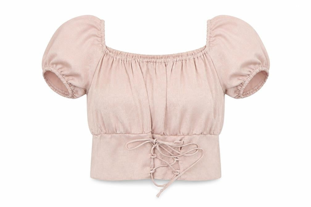 Front view of Motel Rocks women’s pink cropped blouse, size M