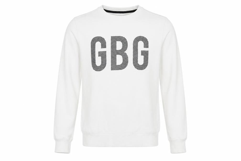 Front view of men’s white pullover sweatshirt, size XS