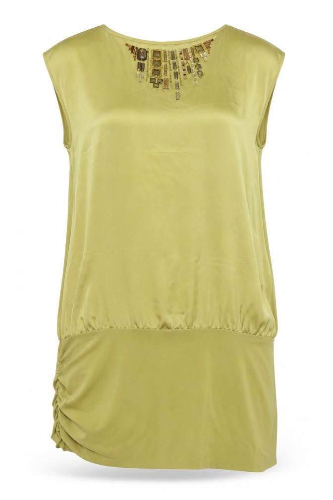Front view of Next women’s green satin tunic blouse, size UK 10
