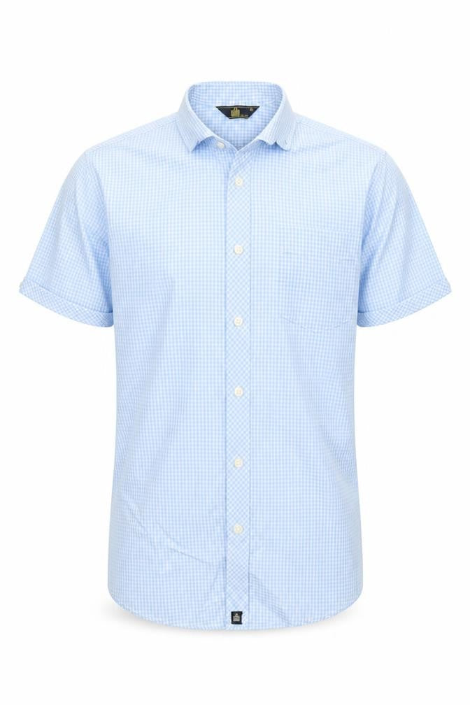 Front view of Admiral men’s blue check button-up, size S