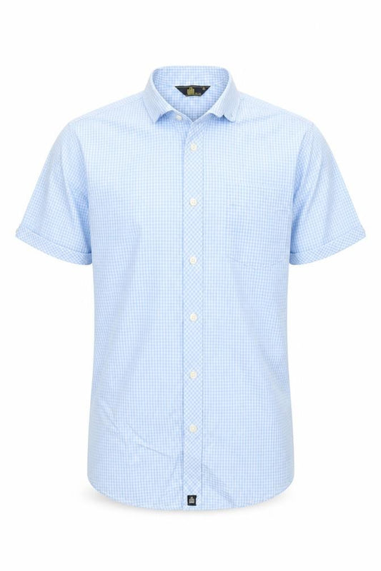 Front view of Admiral men’s blue check button-up, size S