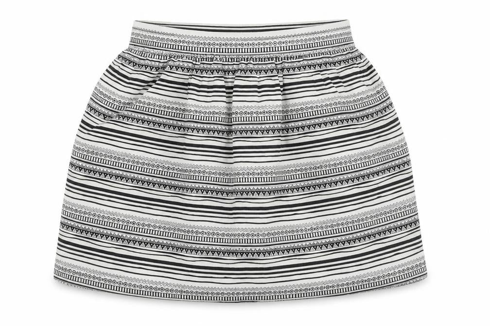 Front view of Atmosphere women’s silver geometric flare skirt, size UK 8