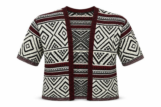 Front view of New Look girls’ beige geometric cardigan jumper, size 14, years