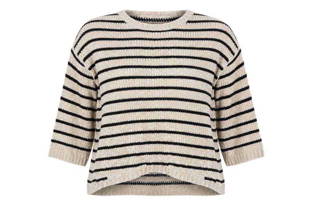 Front view of humility women’s beige striped jumper, size XL