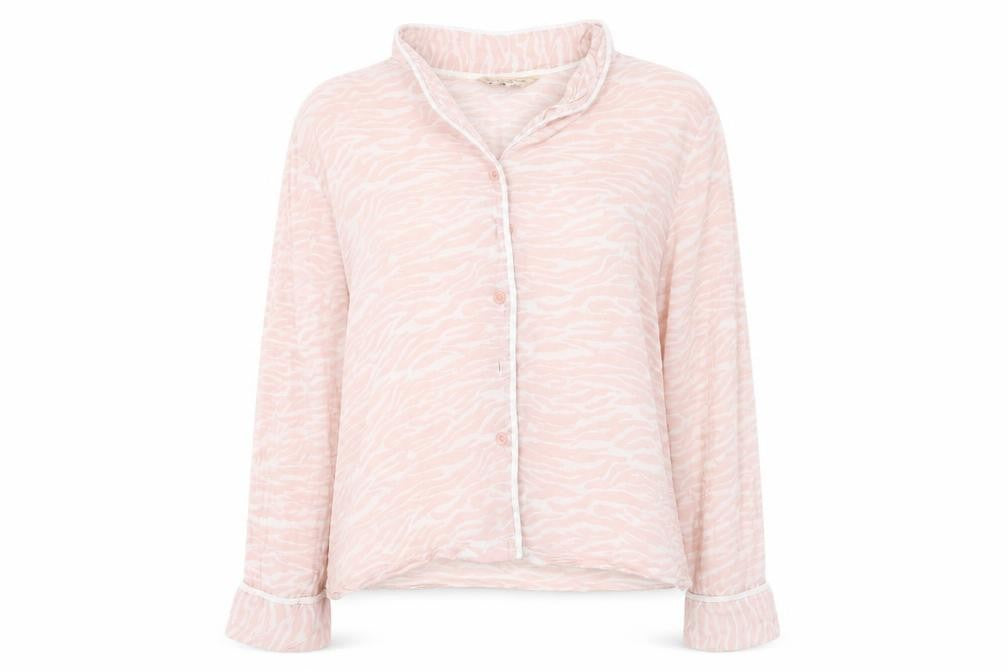 Front view of Dorothy Perkins women’s pink animal print basic button-up, size M