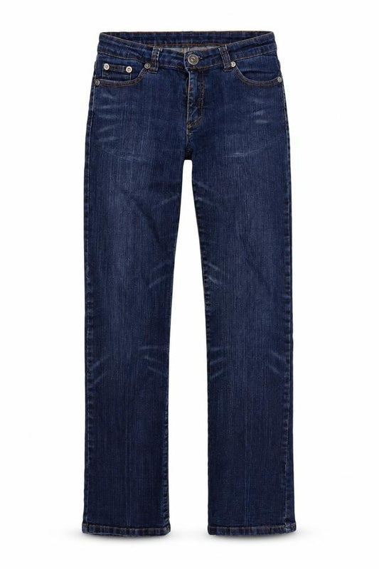 Front view of sugar and spice women’s blue denim straight jeans, size UK 28, in, 29-inch leg