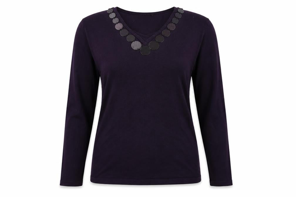 Front view of TIGI women’s purple jumper, size UK 14