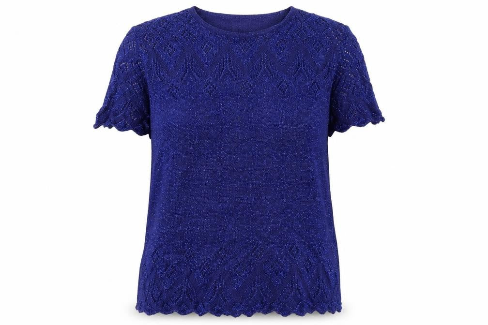 Front view of EWM women’s blue knit jumper, size UK 14