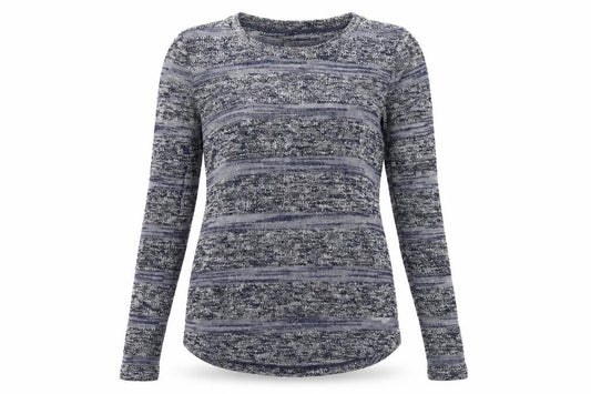 Front view of New Look women’s blue striped knit jumper, size UK 10