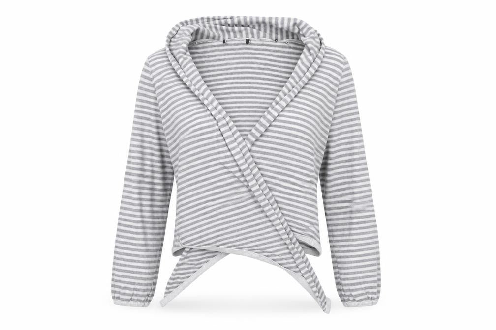 Front view of Atmosphere women’s grey striped knit cardigan jumper, size UK 8