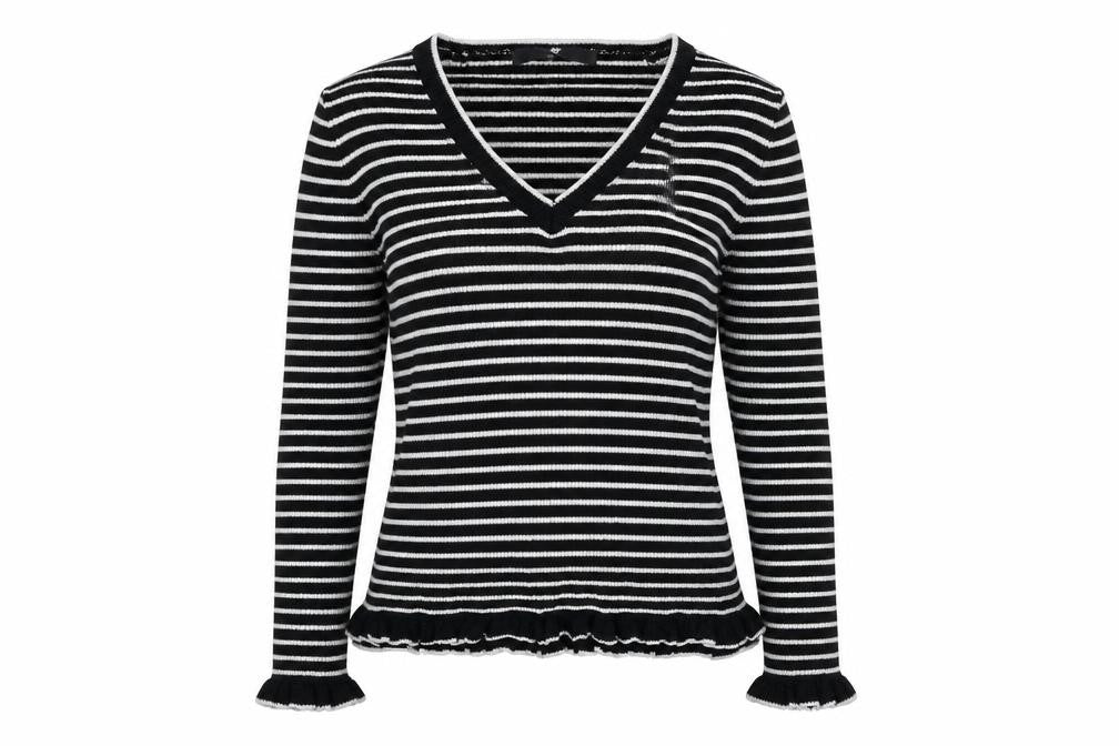 Front view of Very women’s black striped knit jumper, size UK 10