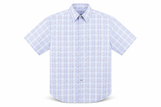 Front view of Wolsey men’s blue check button-up, size M