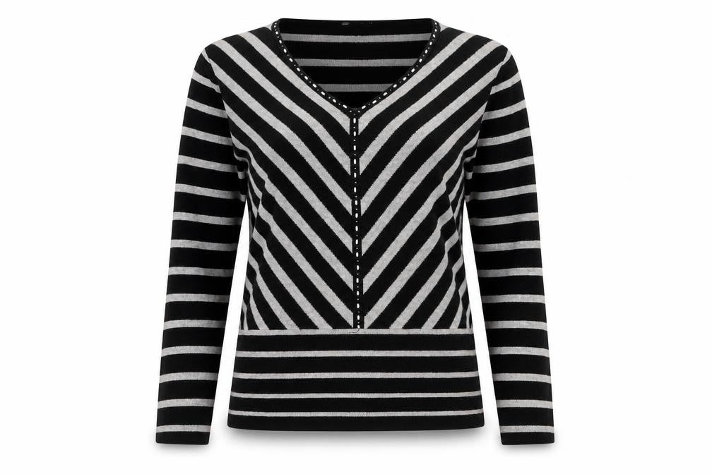 Front view of LAURA PETITES women’s black striped jumper, size L