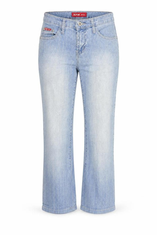 Front view of XFN women’s blue denim straight jeans, size M, 22.5-inch leg