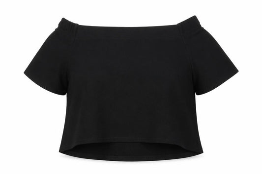Front view of PRETTYLITTLETHING women’s black cropped t-shirt, size UK 12