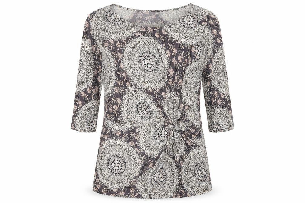 Front view of F&F women’s grey geometric basic t-shirt, size UK 10