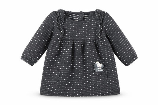 Front view of George girls’ grey polka dot t-shirt dress, size 6-9, months - zebra