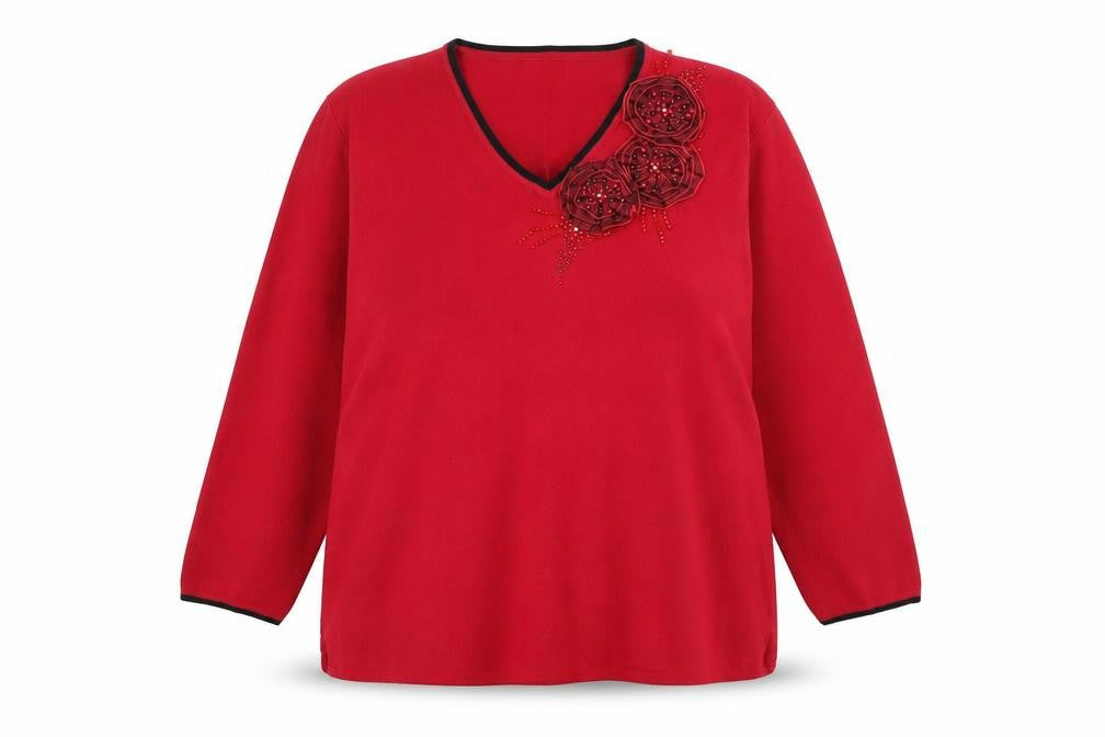 Front view of Heather Valley women’s red floral jumper, size UK 18