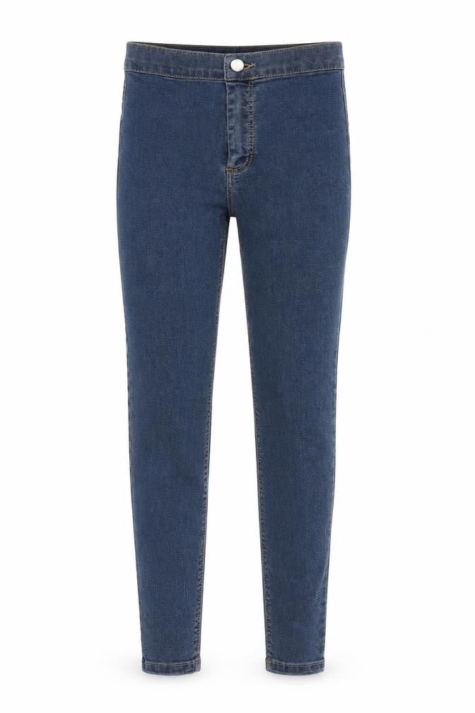 Front view of Topshop women’s blue straight jeans, size UK 25, 30-inch leg