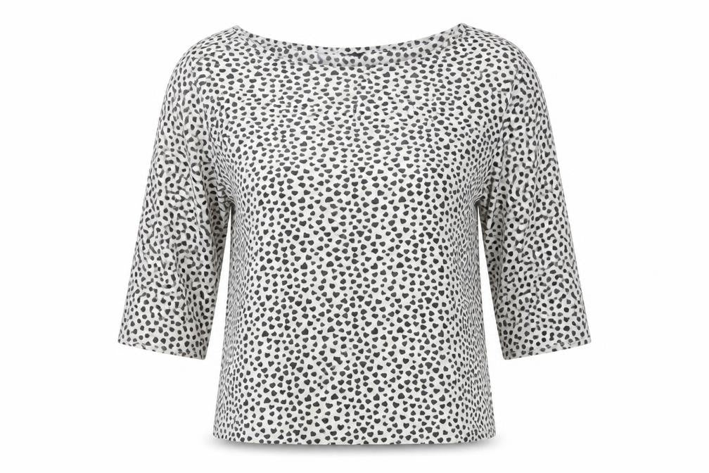 Front view of Preworn women’s white polka dot basic t-shirt, size UK 14