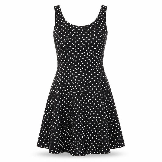 Front view of H&M women’s black polka dot fit & flare, size UK 4