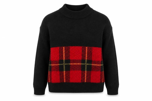 Front view of Select girls’ black jumper, size 9, years - tartan detail