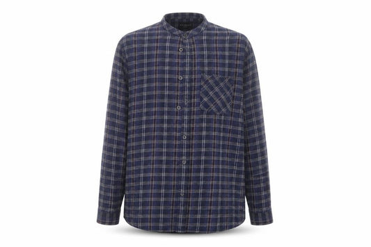 Front view of D/STRUCT men’s blue check button-up, size M