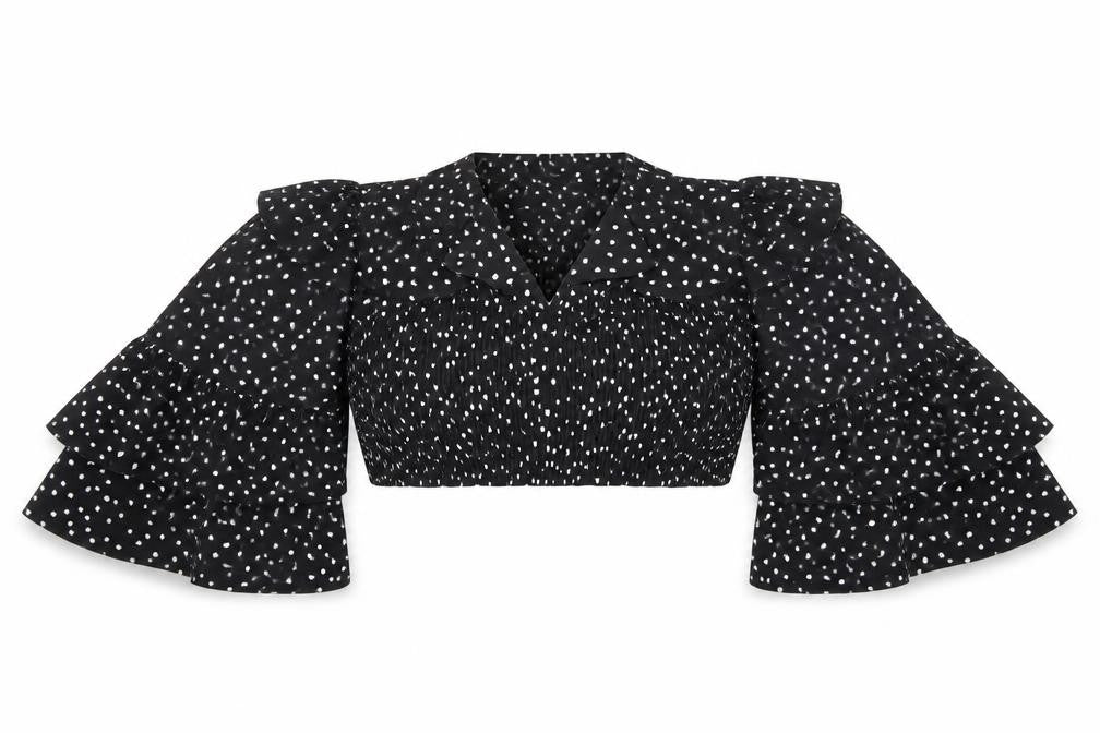 In the Style Womens Black Polka Dot  Basic Blouse Size 10  - frill neck line an sleeves