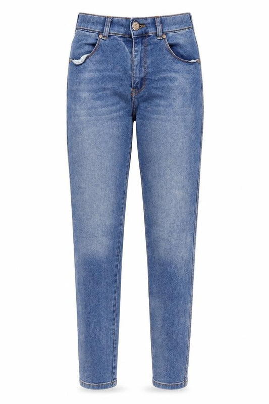 Front view of DROENIM JEANSMAKERS women’s blue mom jeans, size UK 10, 29-inch leg