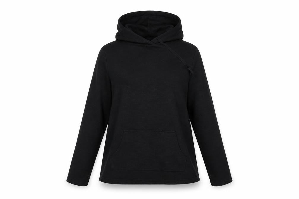Front view of ASOS women’s black pullover hoodie, size UK 6