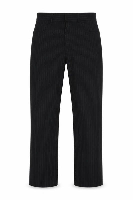 Front view of signet men’s black striped trousers, size 32, in, 30-inch leg