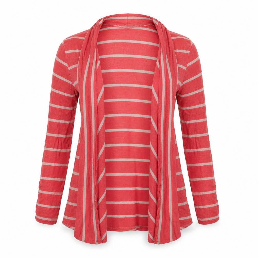 Front view of b' leev women’s red striped cardigan jumper, size L