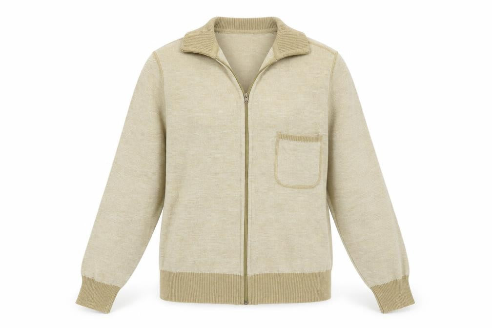 Front view of breidhof women’s beige full zip jumper, size M
