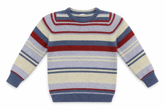 Front view of John Lewis girls’ blue striped jumper, size 5, years