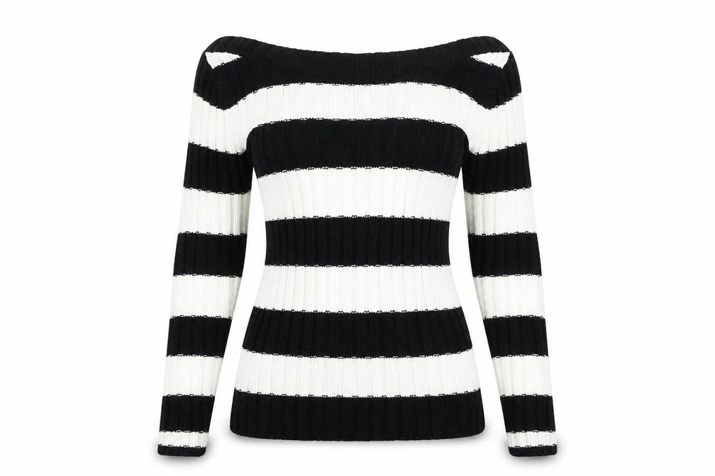 Front view of Phillip russel women’s white striped jumper, size S