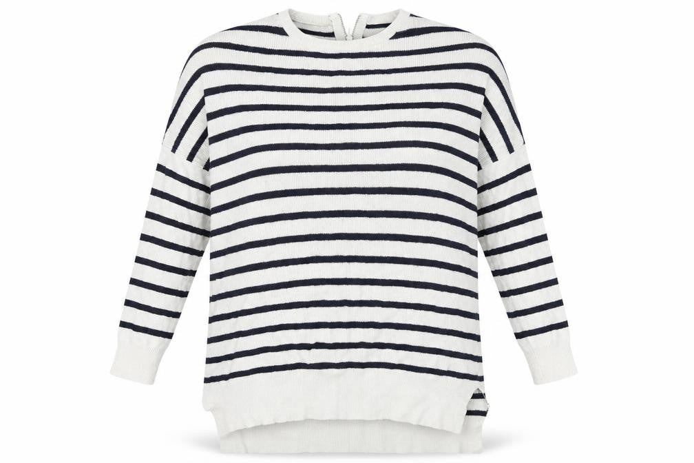 Front view of Atmosphere women’s grey striped jumper, size UK 12
