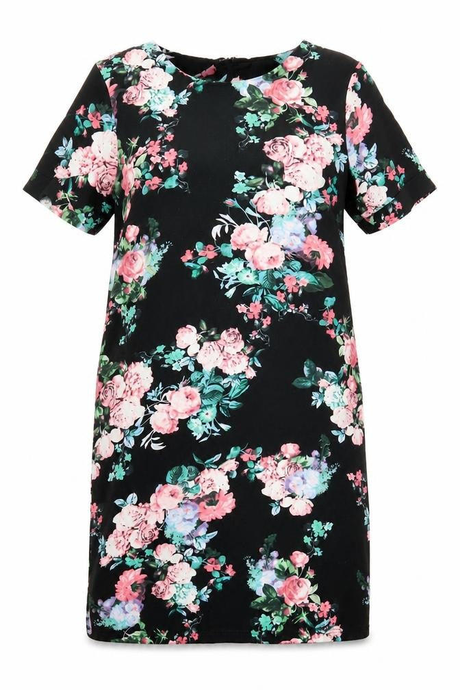 Front view of Poppy Lux women’s black floral sheath, size UK 14