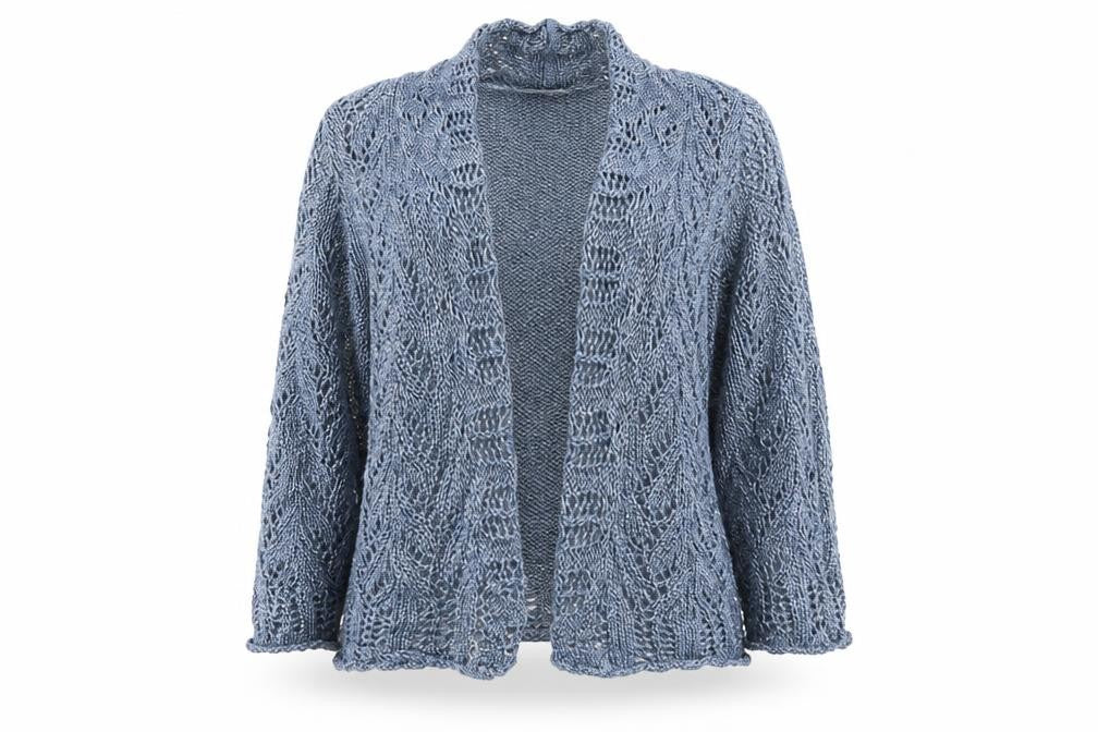 Front view of BHS women’s blue cardigan jumper, size UK 16