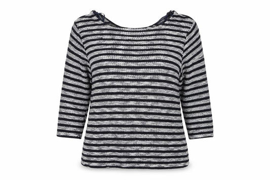 Front view of New Look women’s blue striped knit jumper, size UK 12