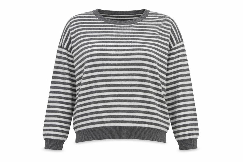 Front view of Topshop women’s grey striped knit jumper, size UK 8