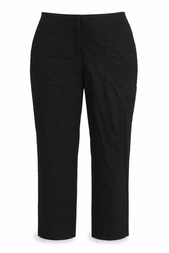 Front view of Preworn women’s black trousers, size UK 10, 25-inch leg