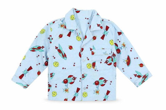 Front view of Primark boys’ blue geometric pyjama top, size 2-3, years